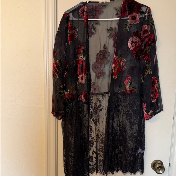 Maurices Sweaters - Maurices Sheer Black Kimono with Red Floral Design - L/XL